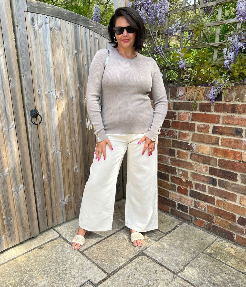 Taupe Ribbed Button Cuff Jumper
