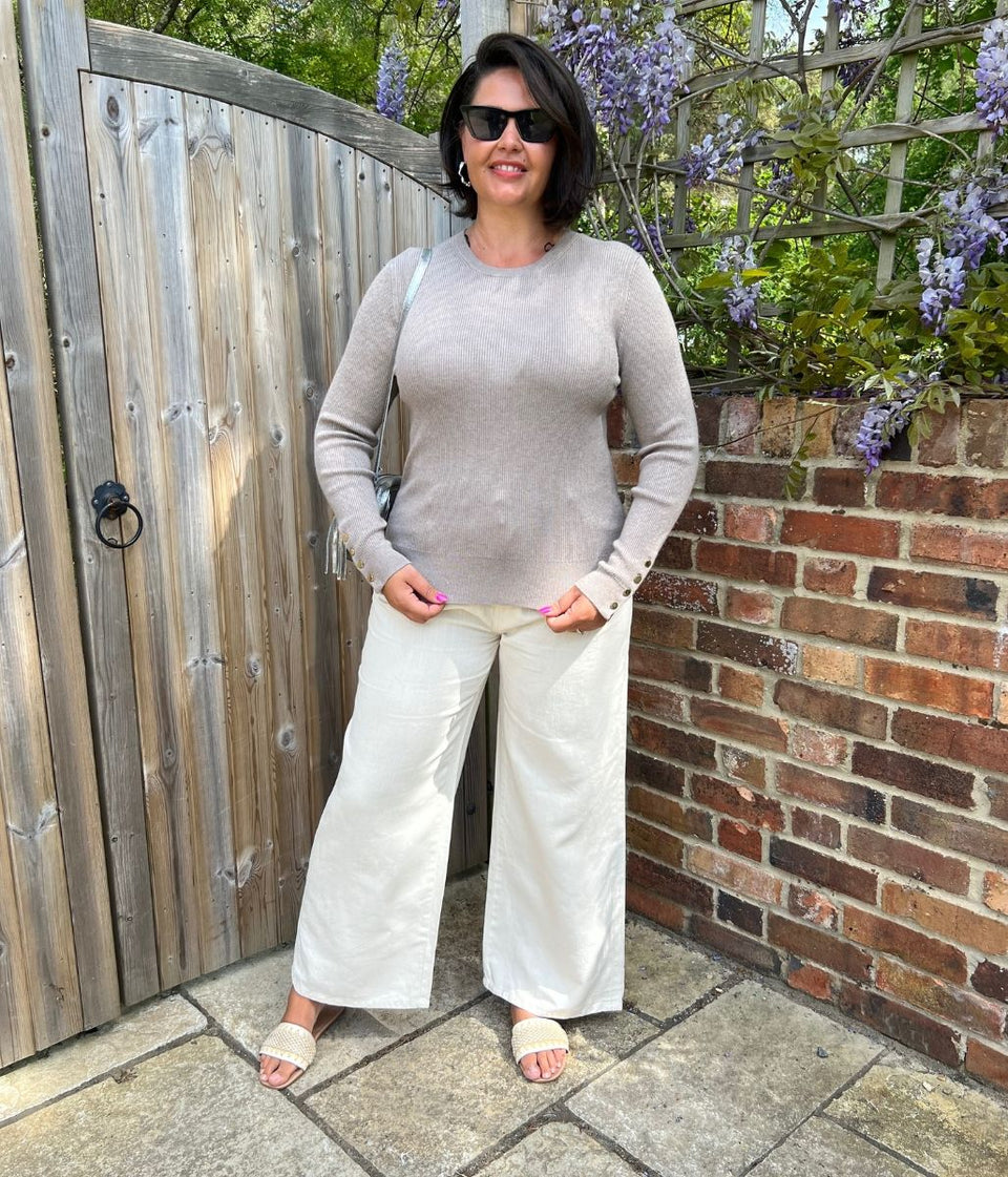 Taupe Ribbed Button Cuff Jumper