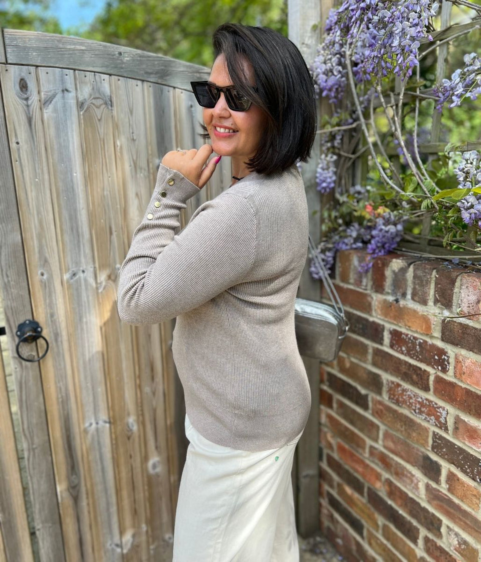 Taupe Ribbed Button Cuff Jumper