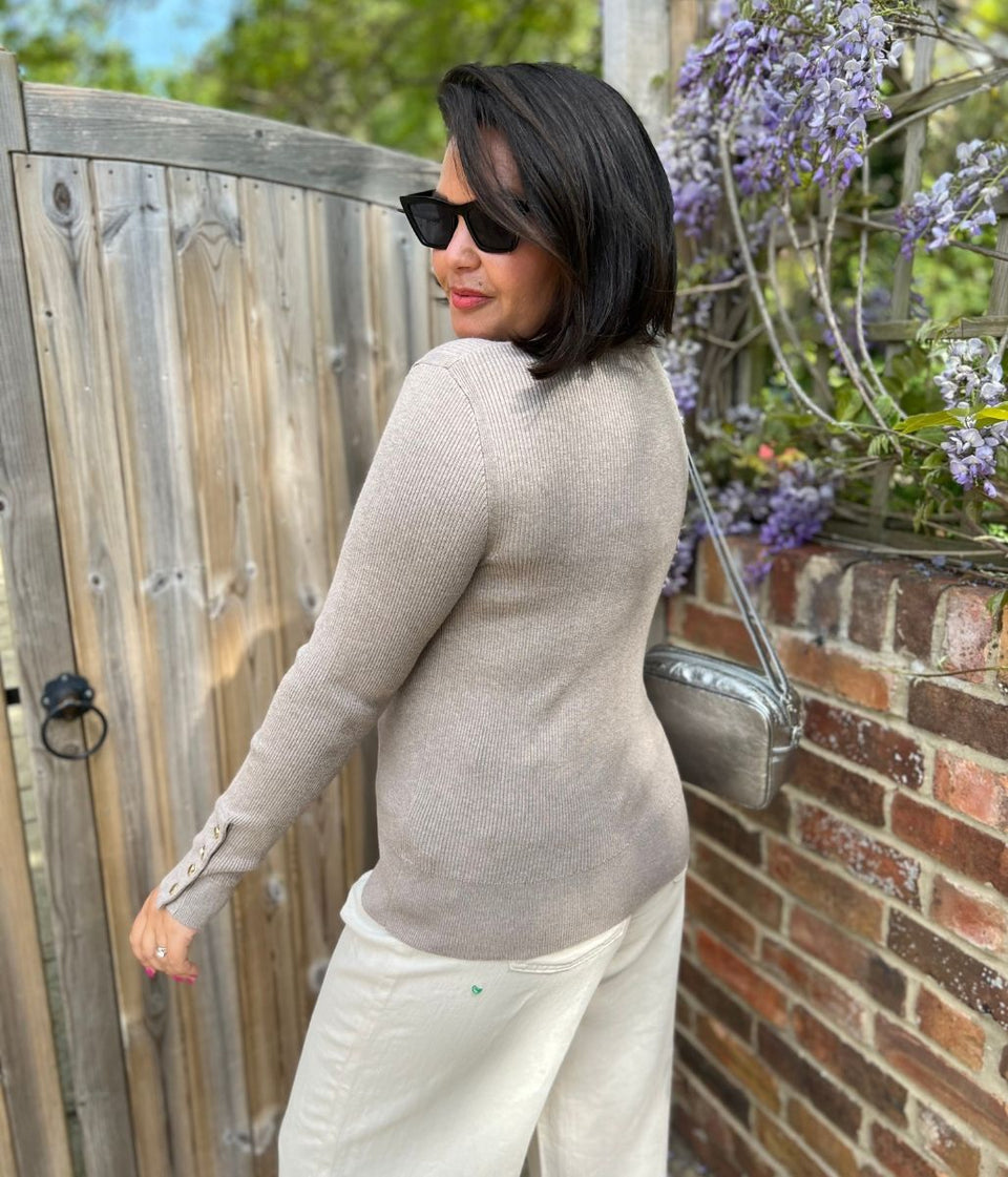Taupe Ribbed Button Cuff Jumper