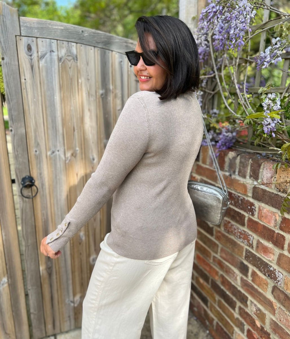 Taupe Ribbed Button Cuff Jumper