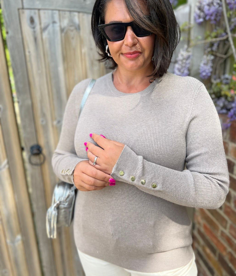 Taupe Ribbed Button Cuff Jumper