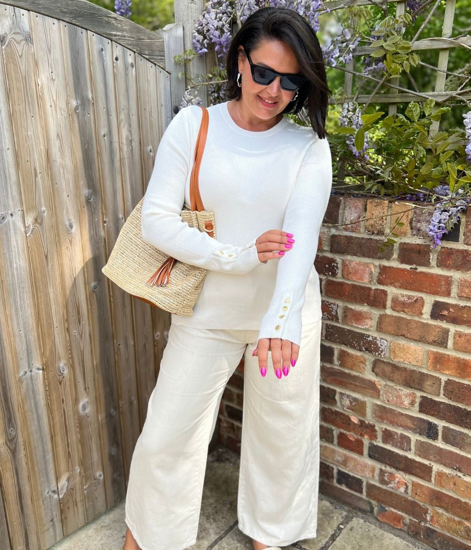 Ivory Ribbed Button Cuff Jumper