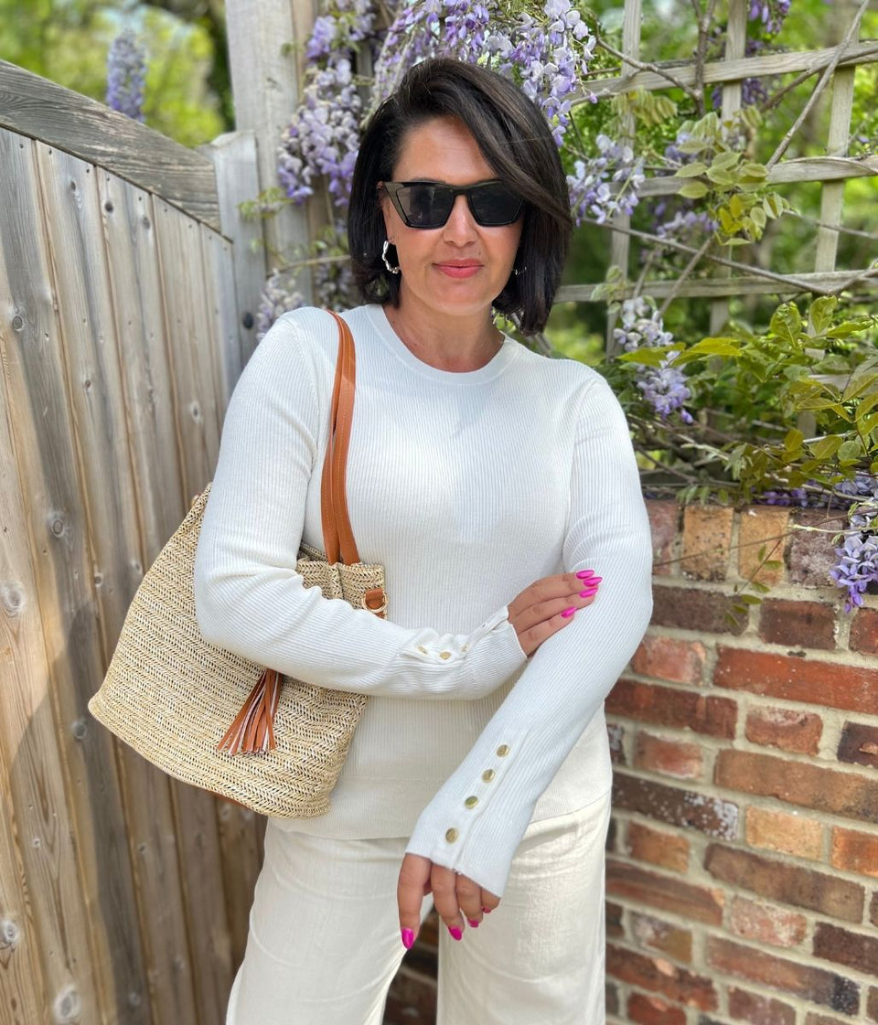Ivory Ribbed Button Cuff Jumper