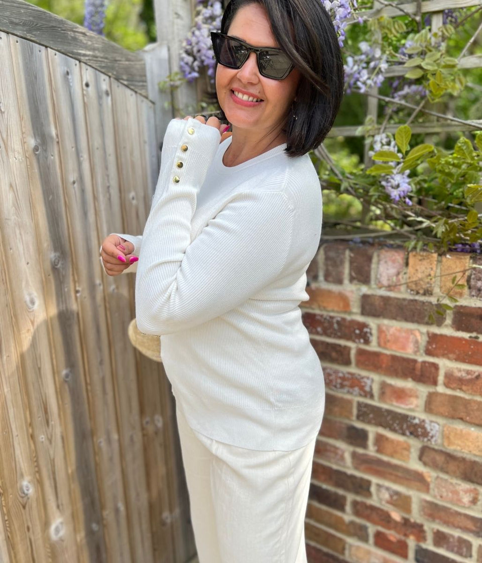 Ivory Ribbed Button Cuff Jumper