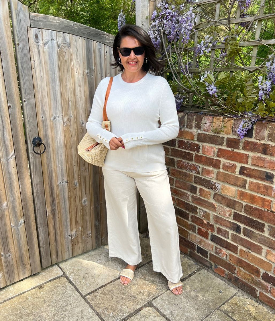 Ivory Ribbed Button Cuff Jumper
