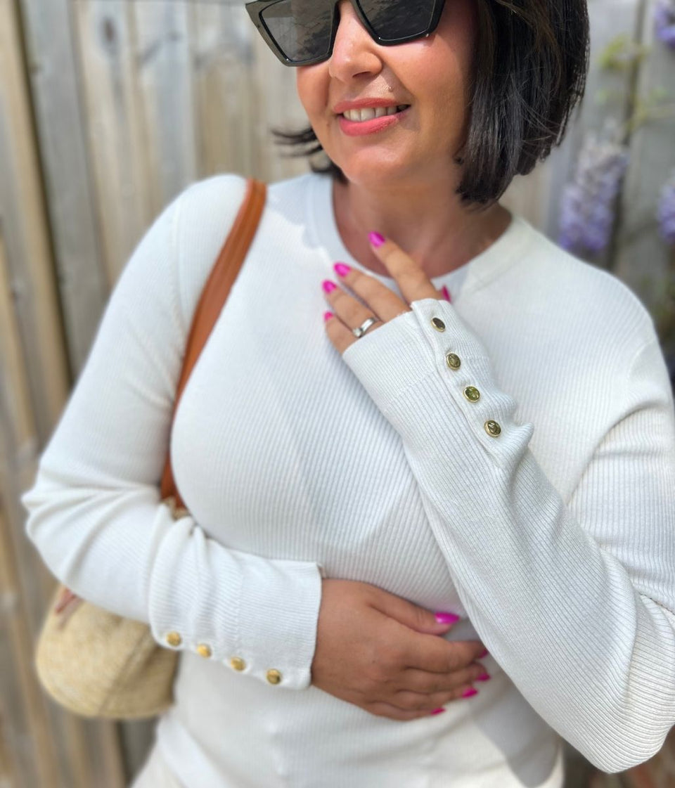 Ivory Ribbed Button Cuff Jumper
