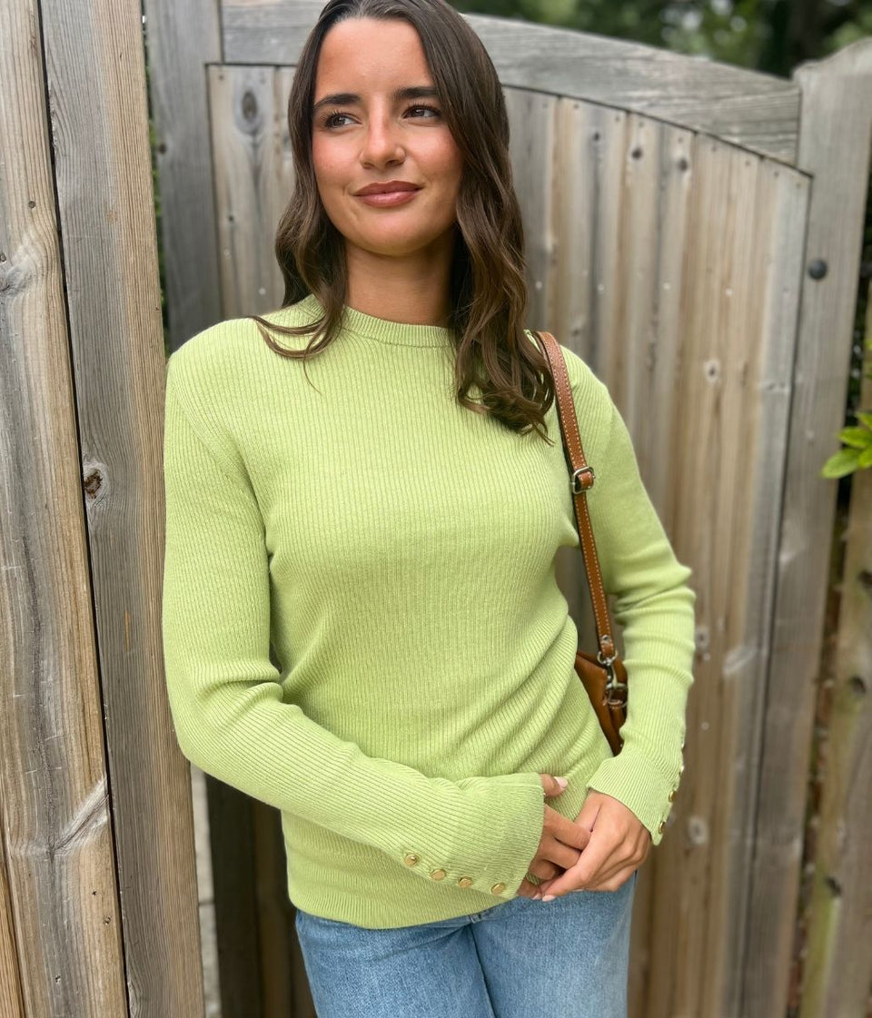 Green Ribbed Button Cuff Jumper