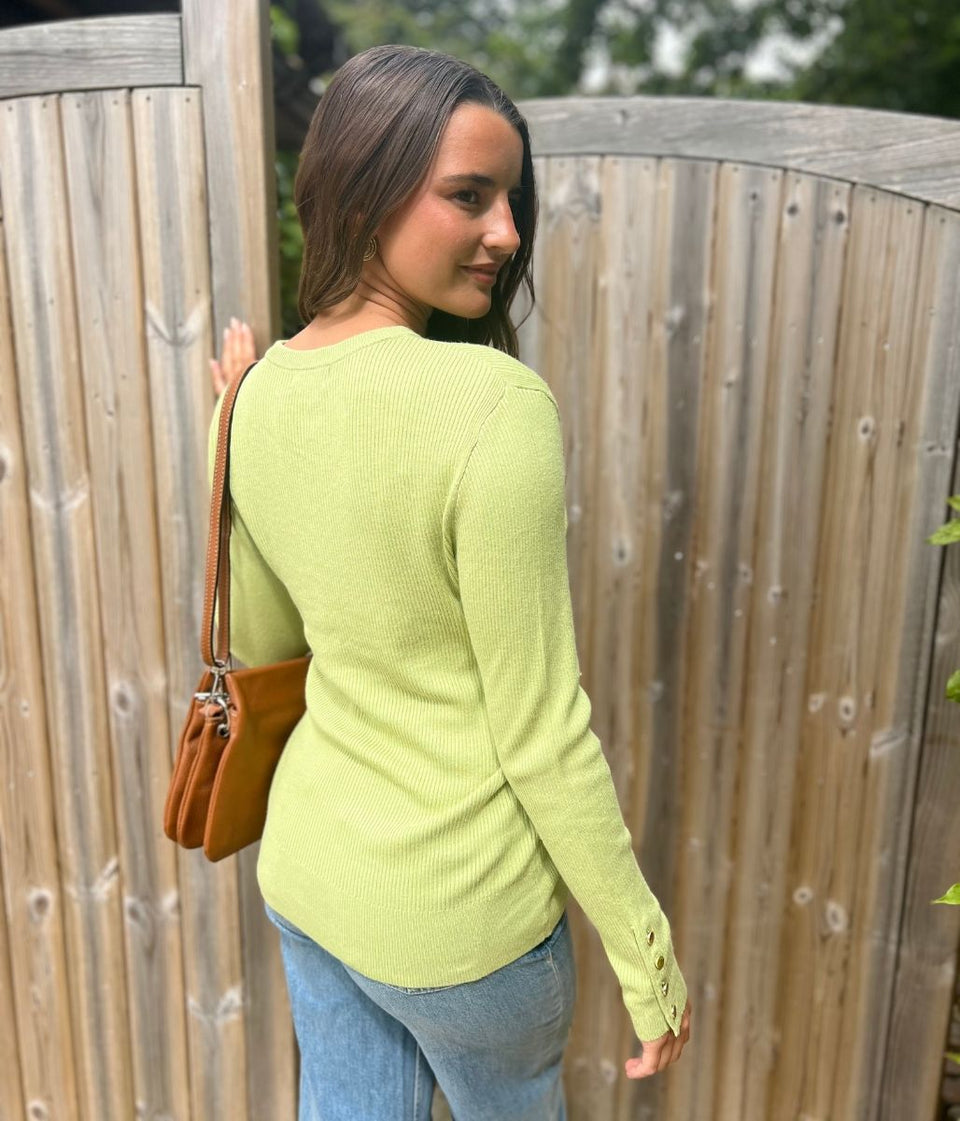 Green Ribbed Button Cuff Jumper