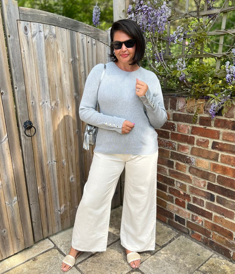 Grey Ribbed Button Cuff Jumper