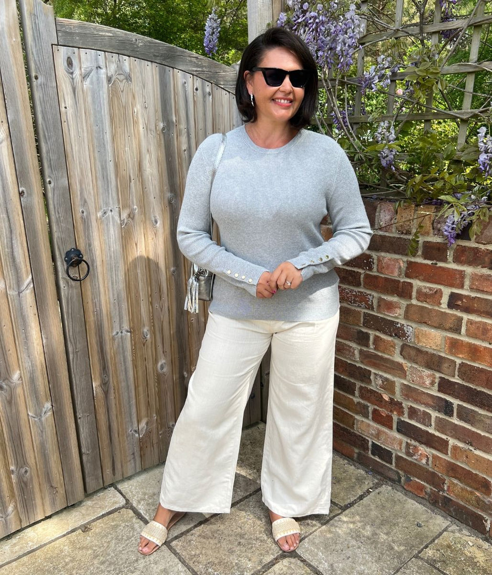Grey Ribbed Button Cuff Jumper