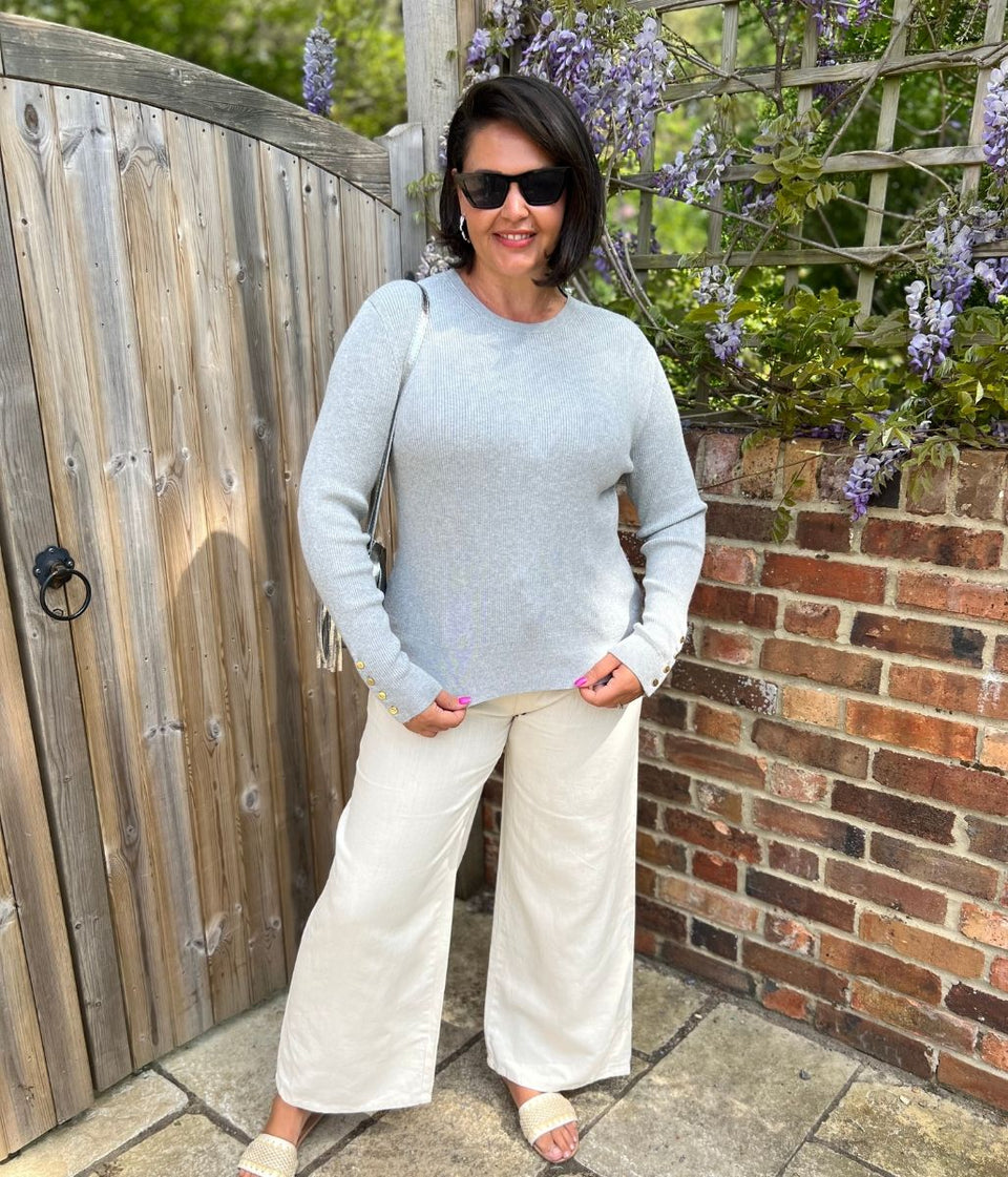 Grey Ribbed Button Cuff Jumper