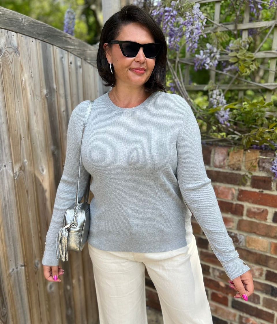 Grey Ribbed Button Cuff Jumper