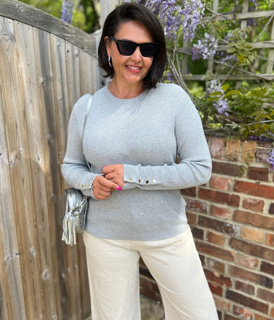 Grey Ribbed Button Cuff Jumper