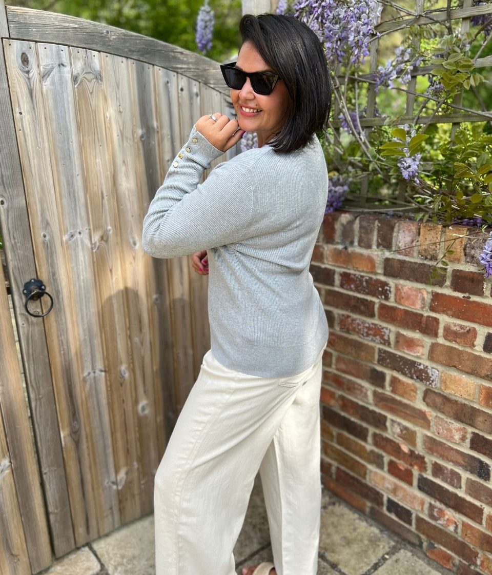 Grey Ribbed Button Cuff Jumper