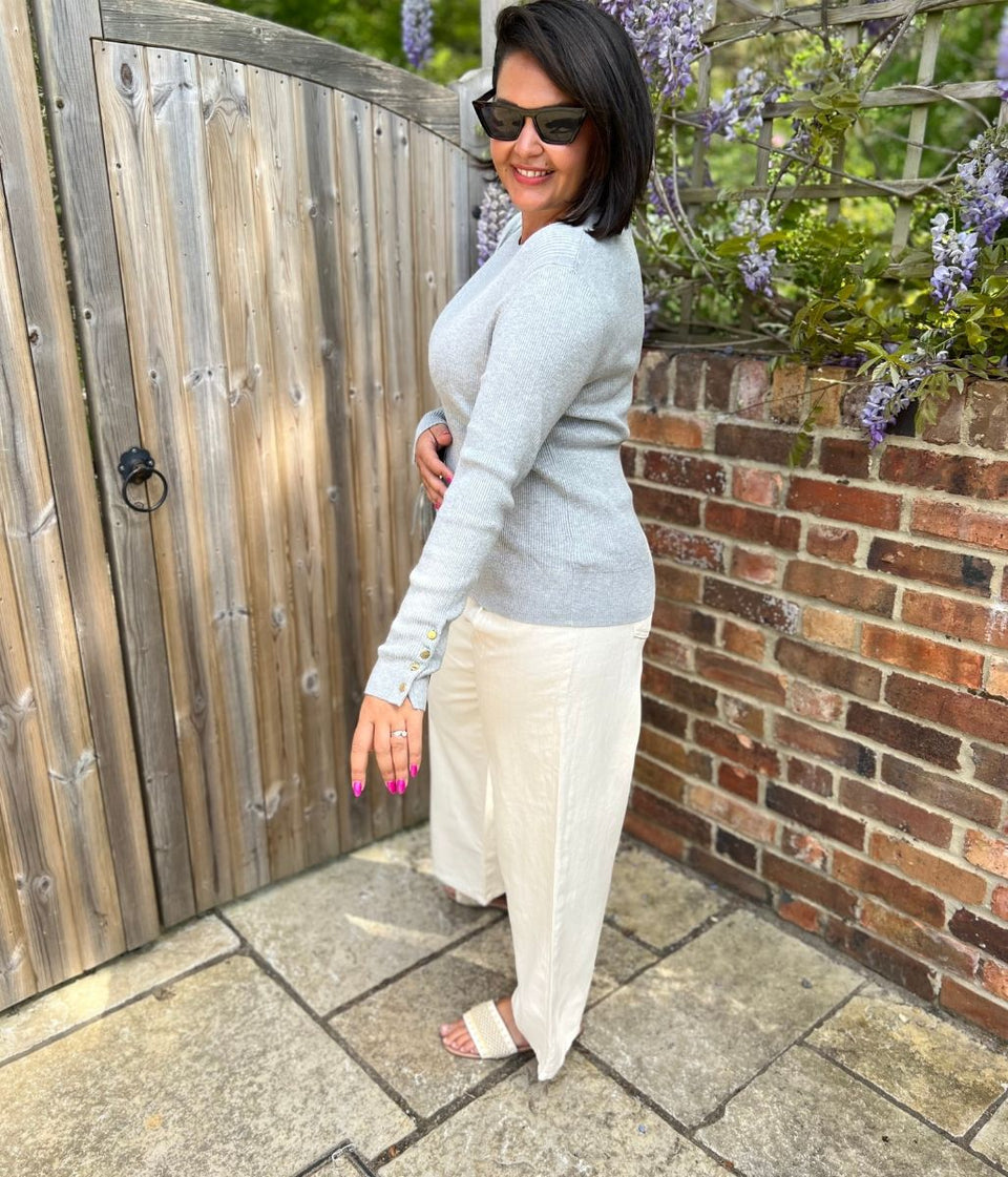 Grey Ribbed Button Cuff Jumper
