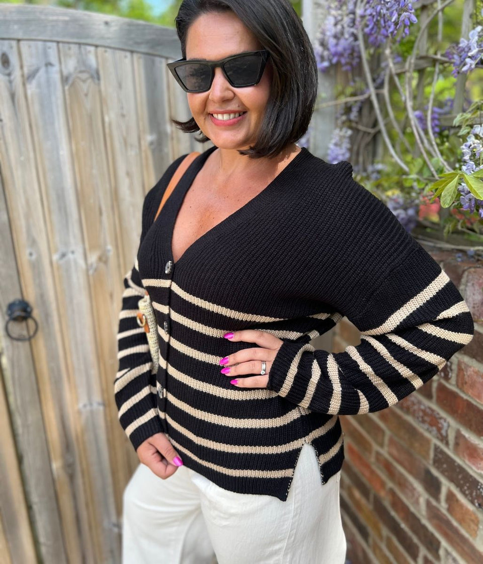 Black Striped Boxy V Neck Cardigan