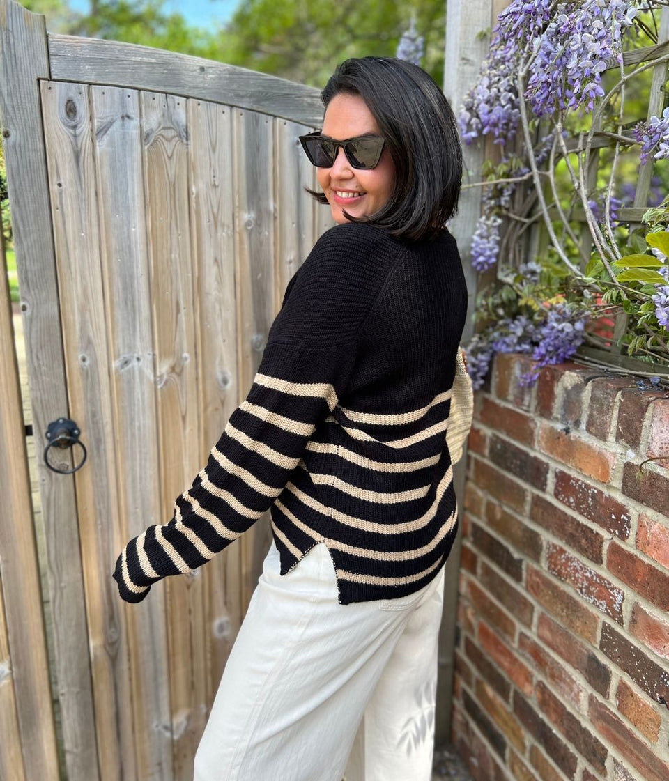 Black Striped Boxy V Neck Cardigan