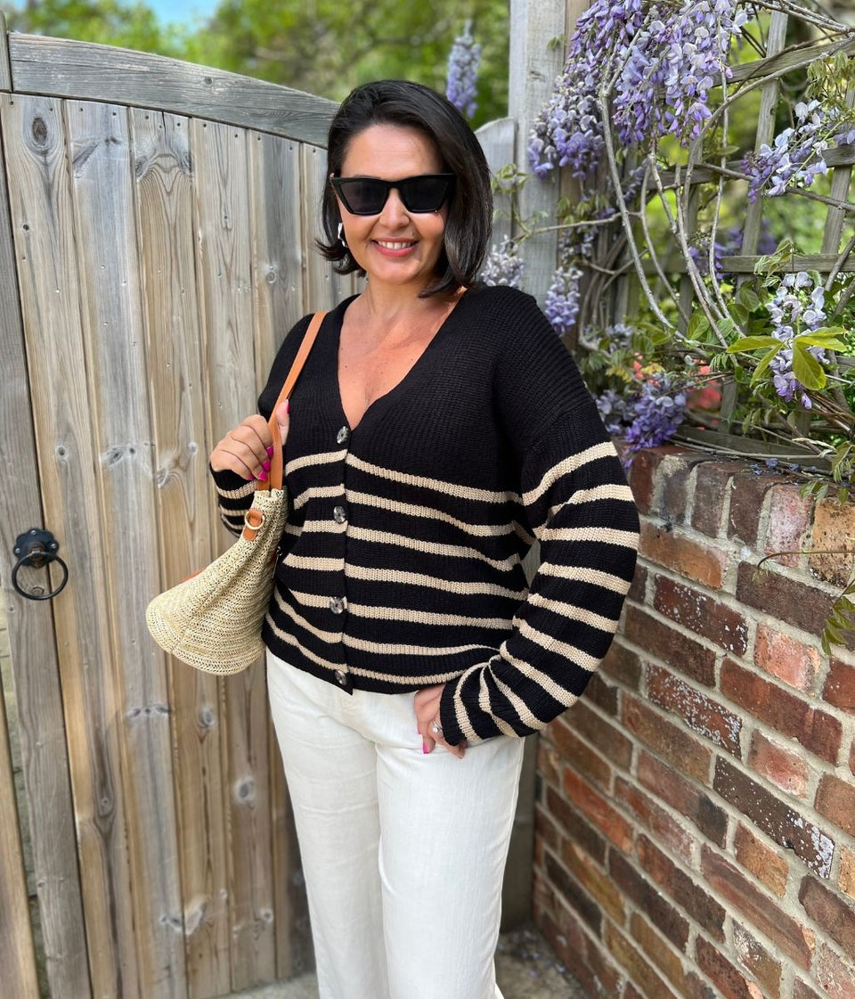 Black Striped Boxy V Neck Cardigan