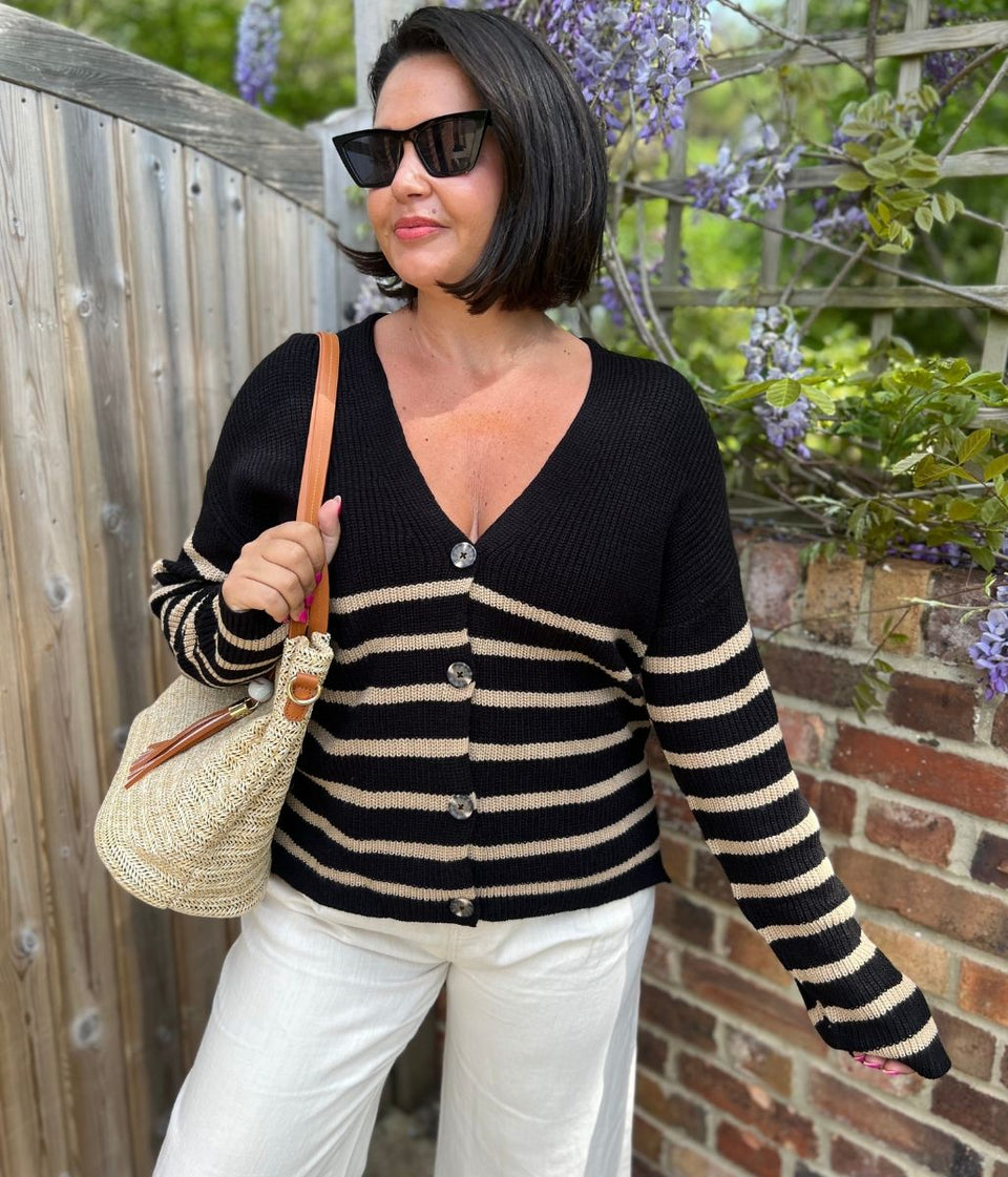 Black Striped Boxy V Neck Cardigan