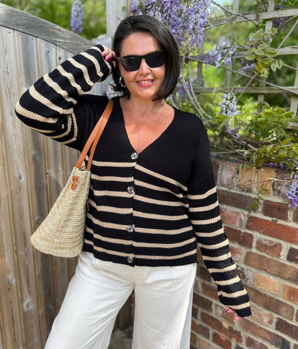 Black Striped Boxy V Neck Cardigan