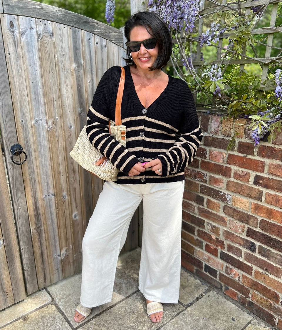 Black Striped Boxy V Neck Cardigan