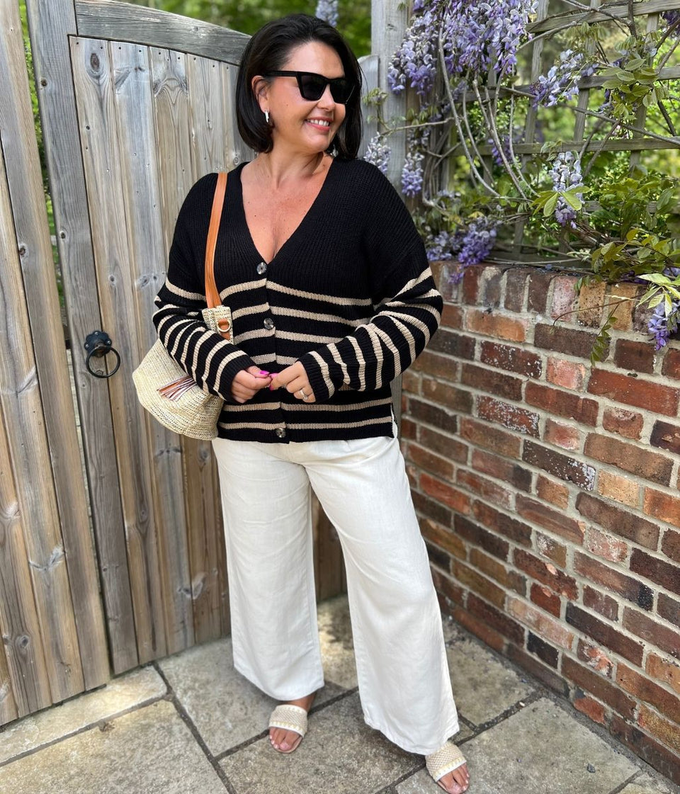 Black Striped Boxy V Neck Cardigan