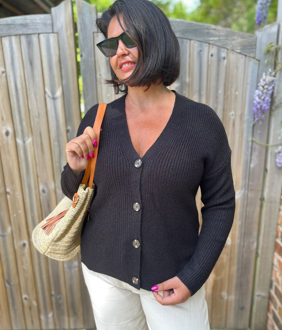 Black Boxy V Neck Cardigan