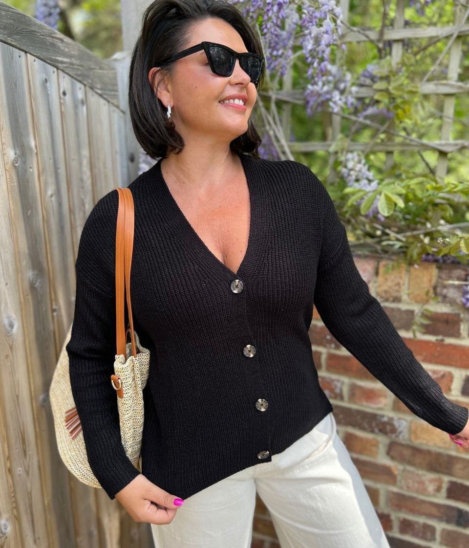 Black Boxy V Neck Cardigan