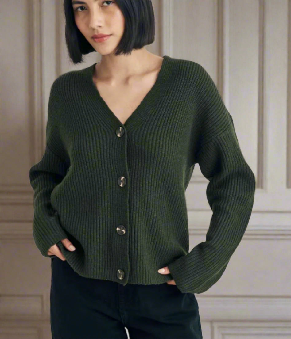 Khaki Boxy V Neck Cardigan