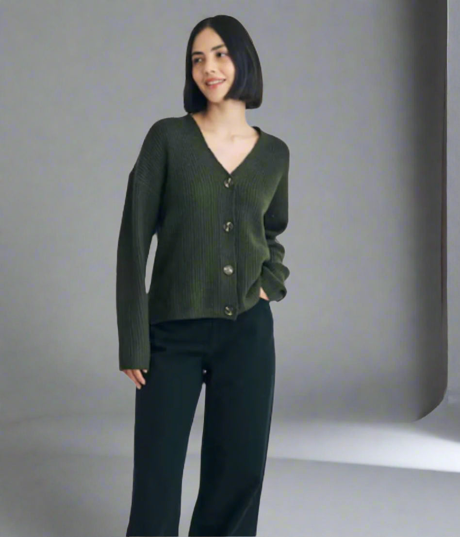 Khaki Boxy V Neck Cardigan