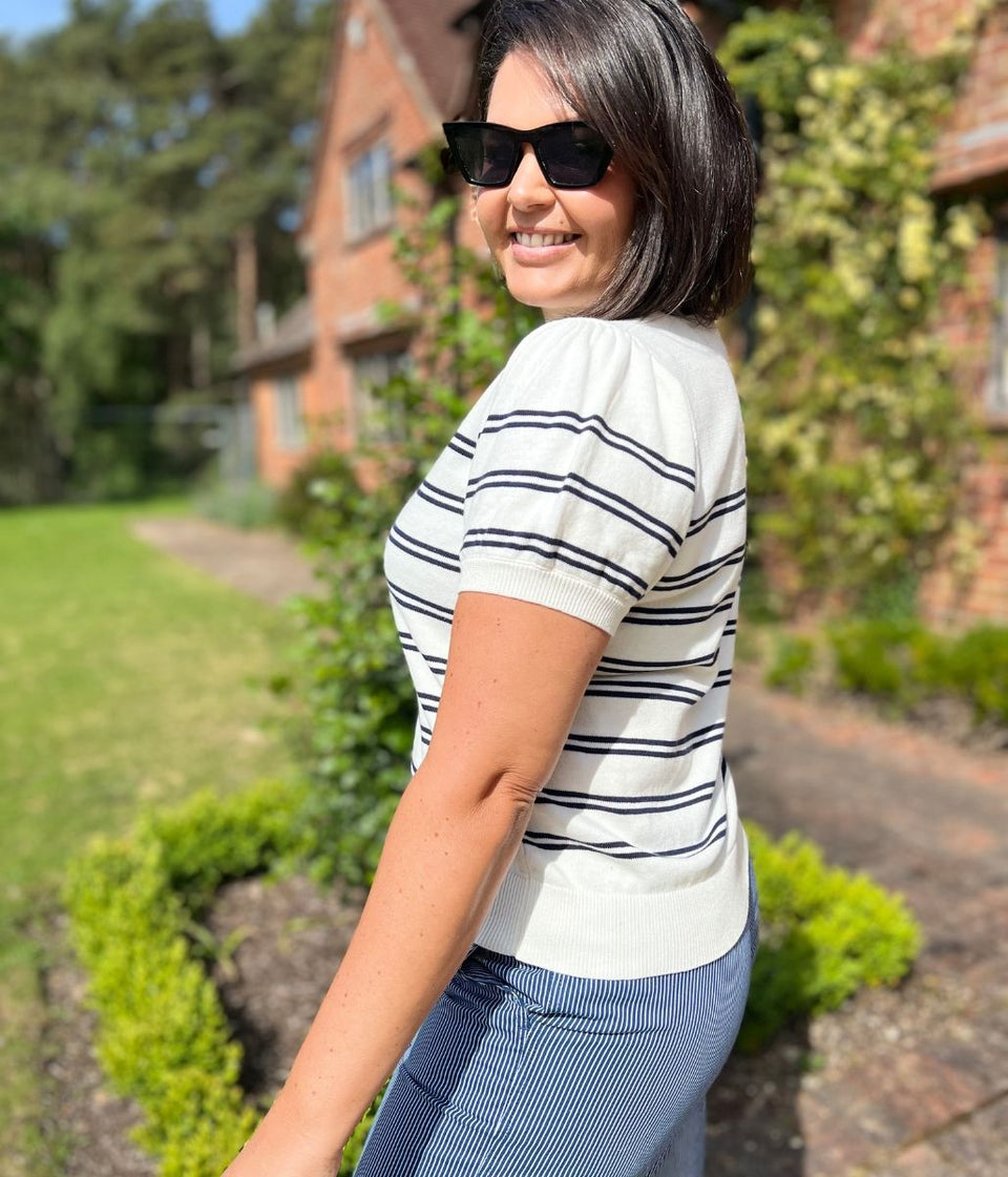 White Striped Sola Short Sleeve Jumper