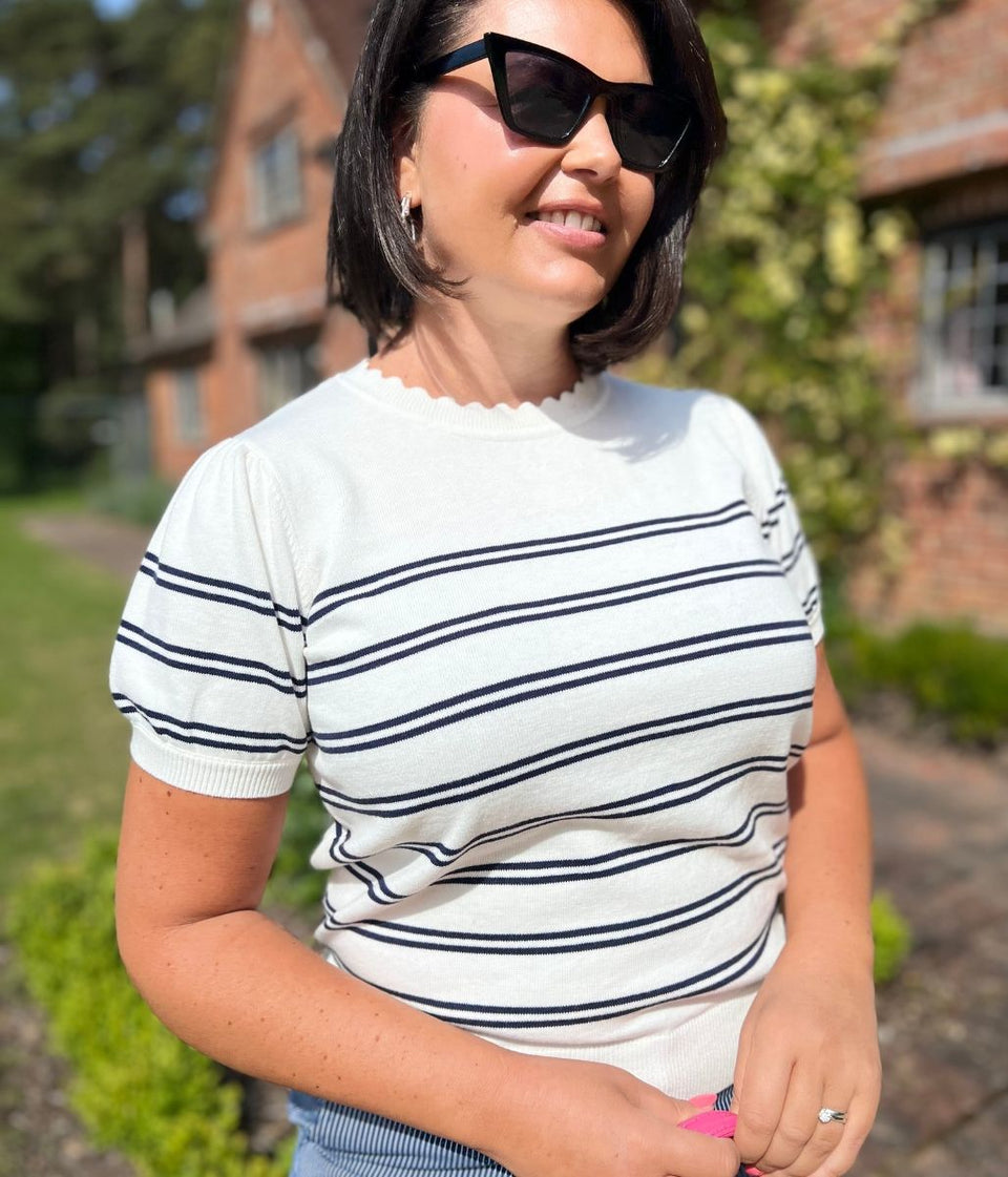 White Striped Sola Short Sleeve Jumper