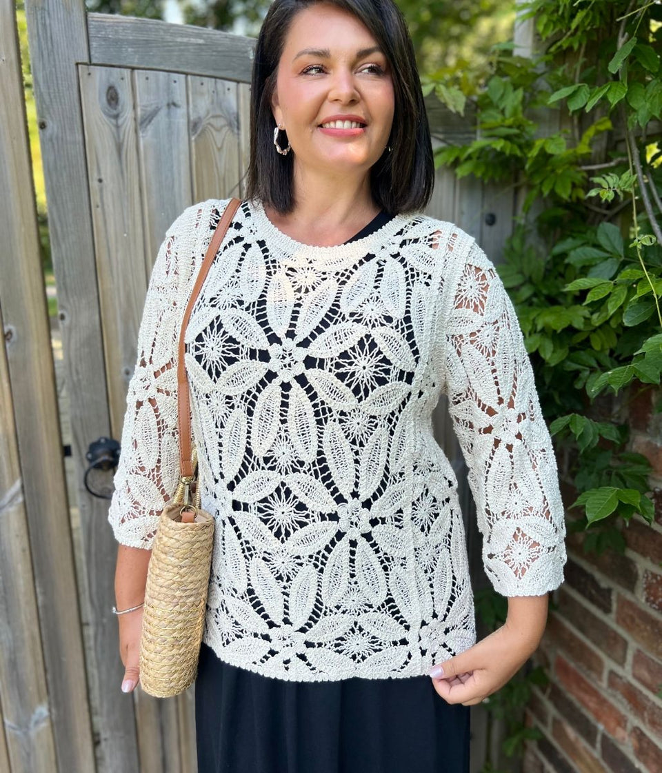 Stone Crochet 3/4 Sleeve Top
