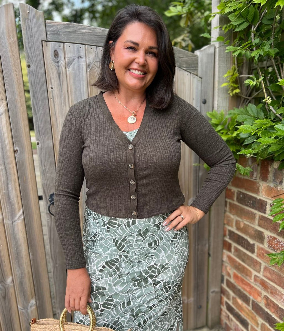 Khaki Ribbed Fitted Cardigan