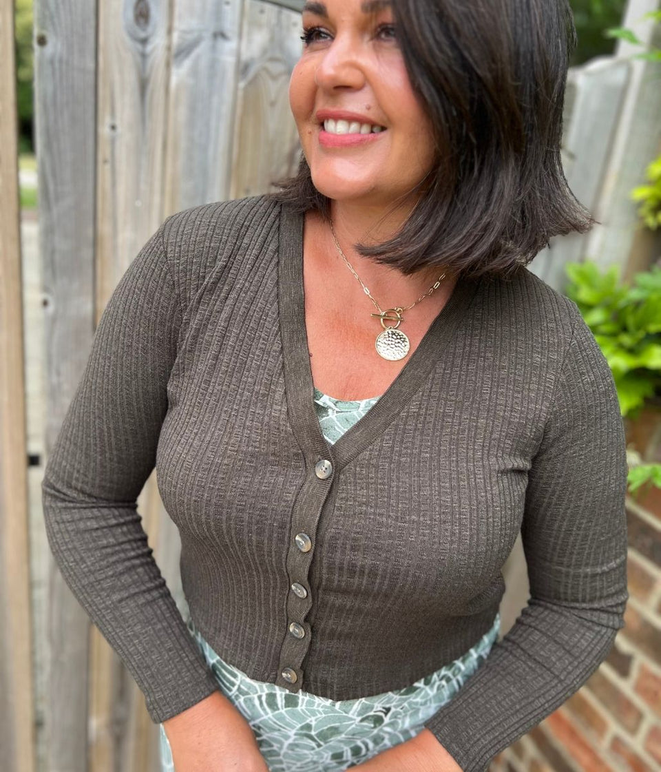 Khaki Ribbed Fitted Cardigan