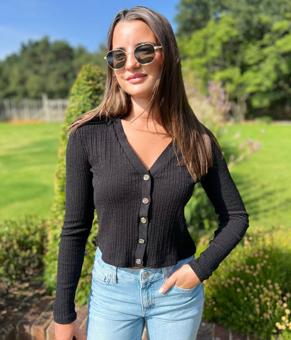 Black Ribbed Fitted Cardigan