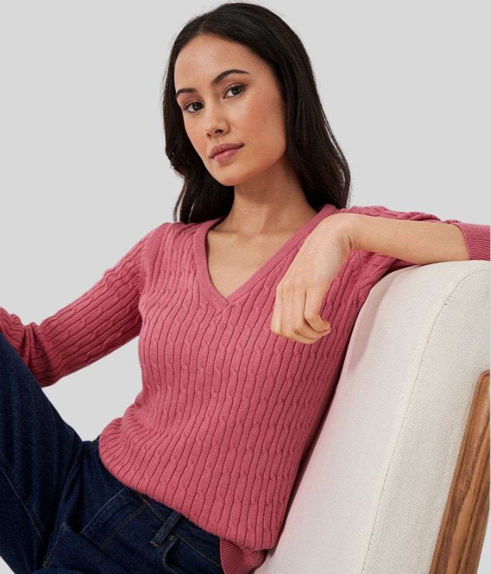 Rose V Neck Twisted Cable Jumper