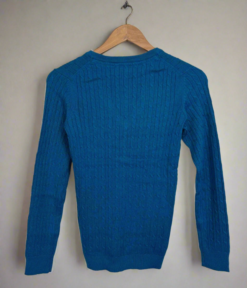 Teal V Neck Twisted Cable Jumper