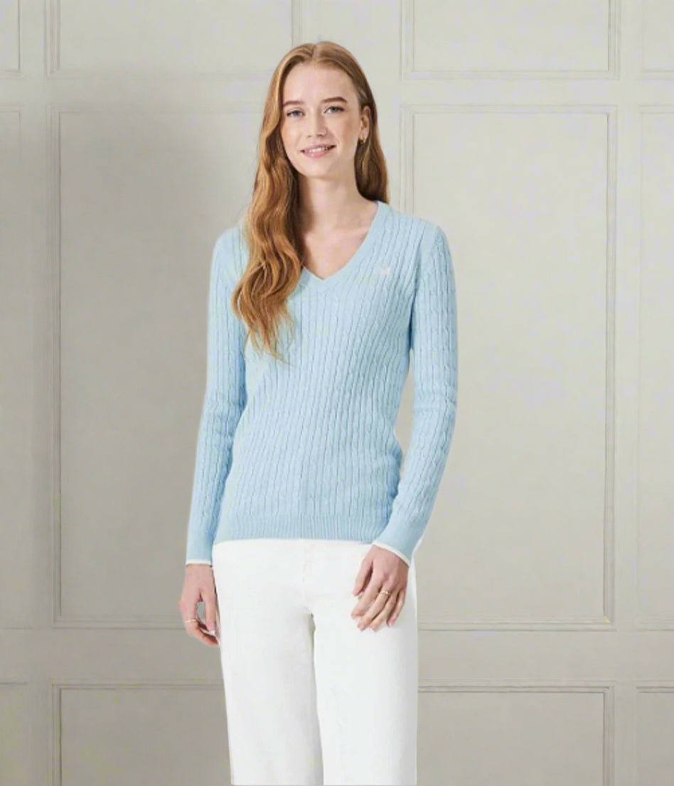 Light Blue V Neck Twisted Cable Jumper