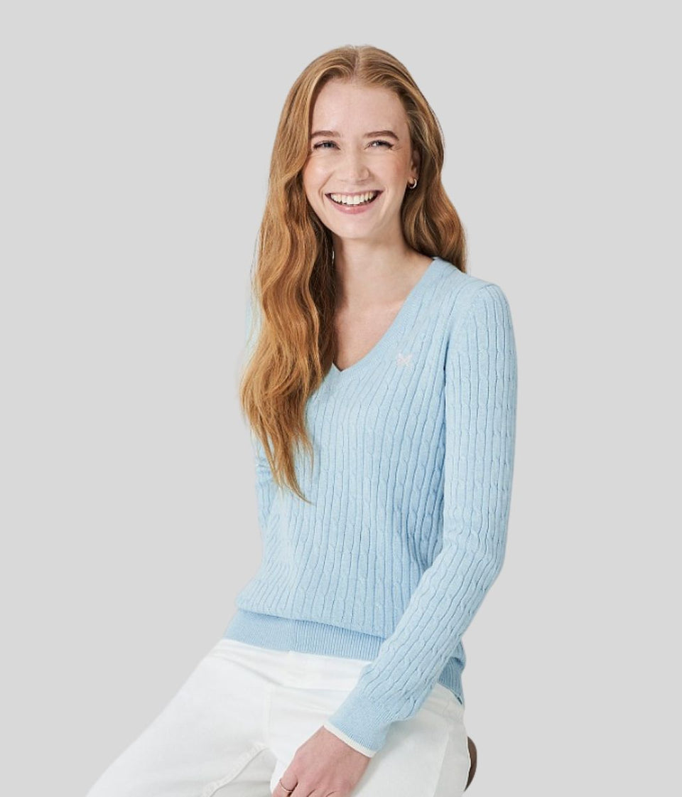 Light Blue V Neck Twisted Cable Jumper