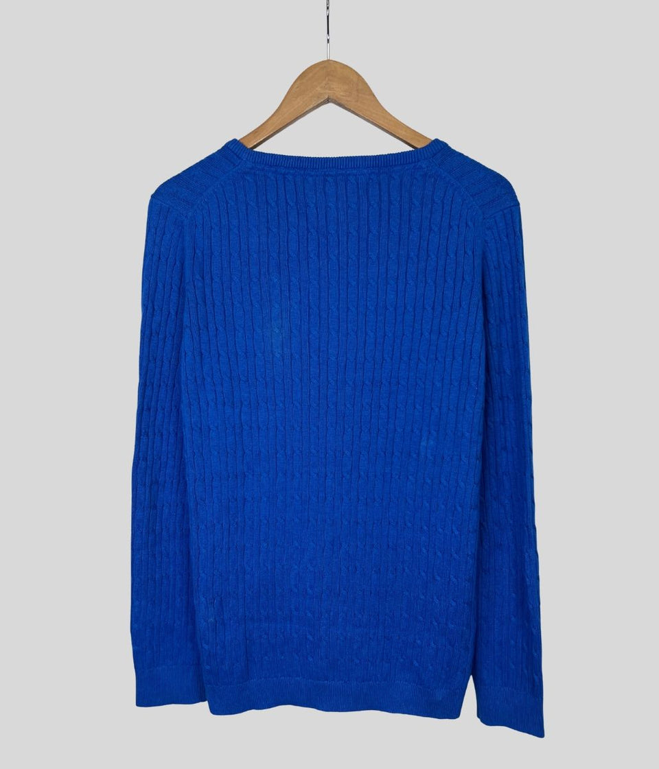 Blue V Neck Twisted Cable Jumper