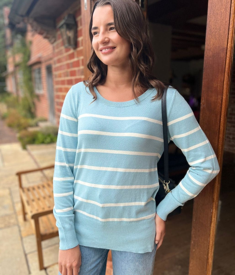 Aqua & White Stripe Fine Knit Jumper