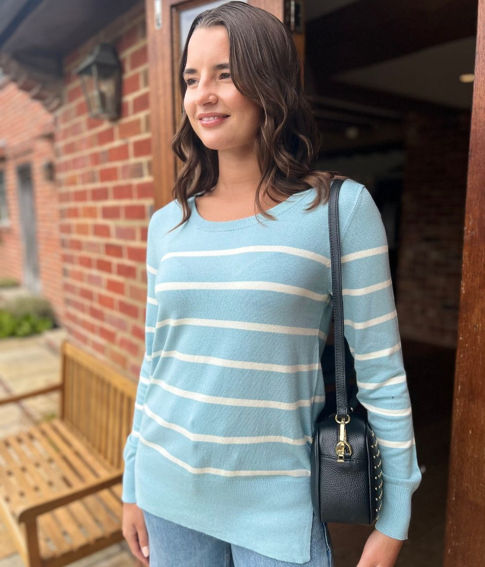 Aqua & White Stripe Fine Knit Jumper