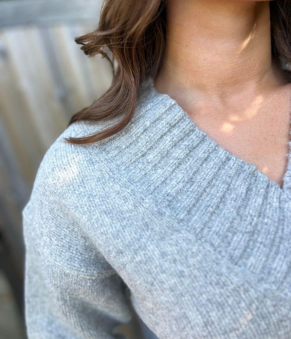Grey V Neck Knitted Jumper