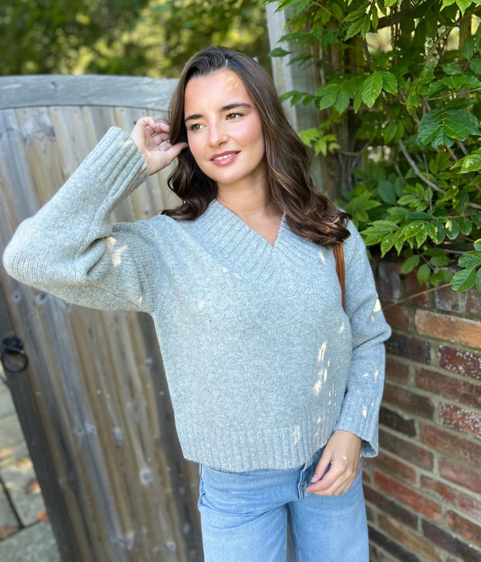 Grey V Neck Knitted Jumper