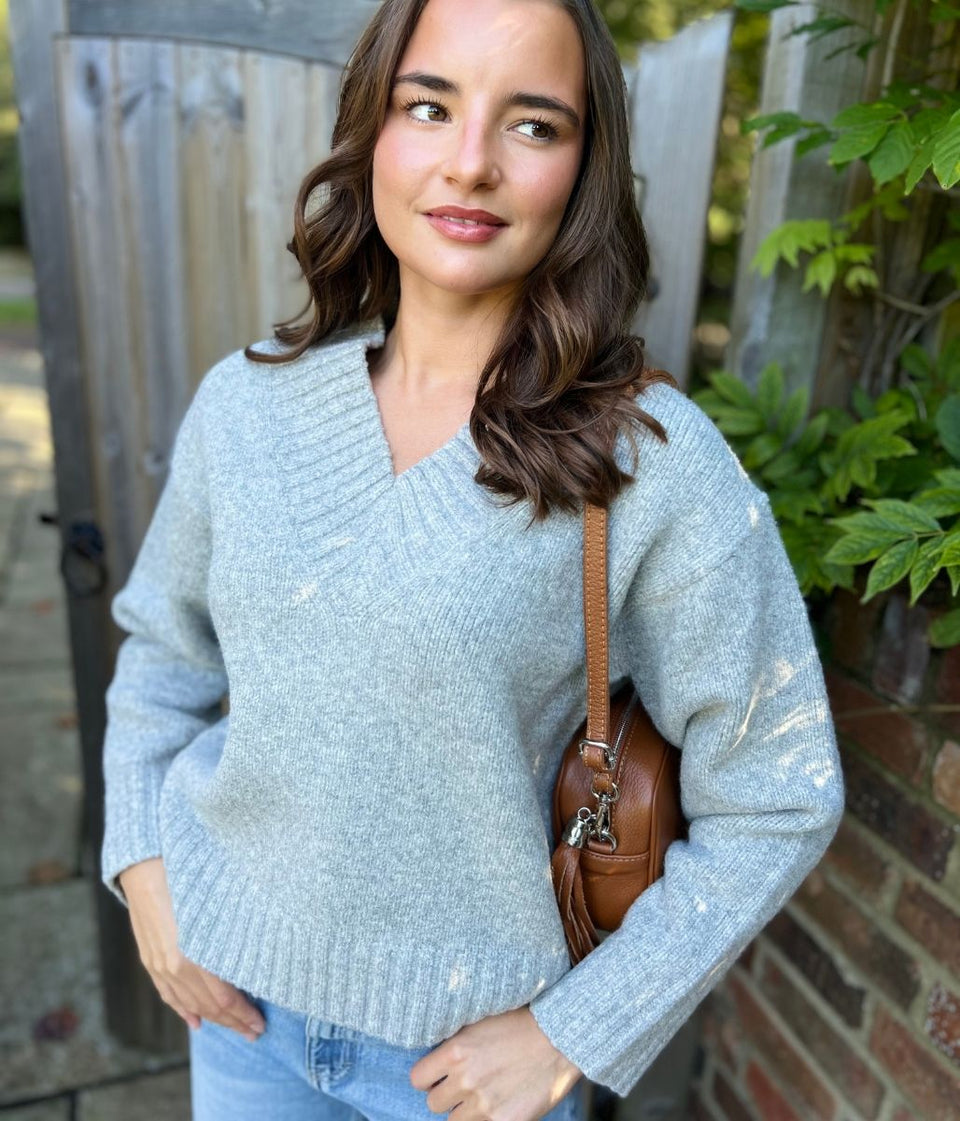 Grey V Neck Knitted Jumper