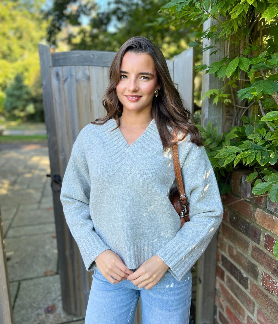 Grey V Neck Knitted Jumper