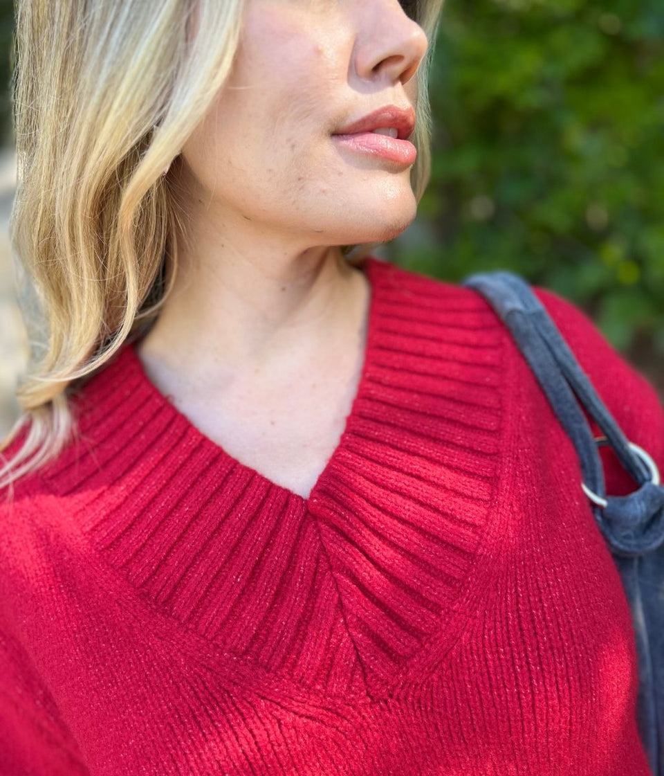Red V Neck Knitted Jumper