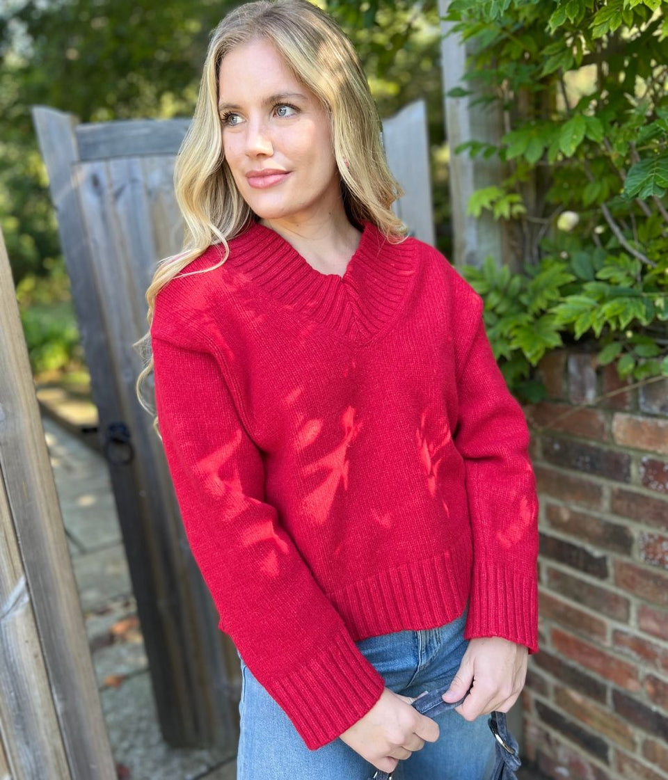 Red V Neck Knitted Jumper